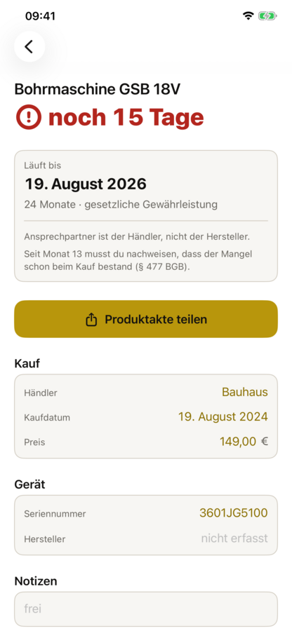 Produktdetails und Produktakte teilen