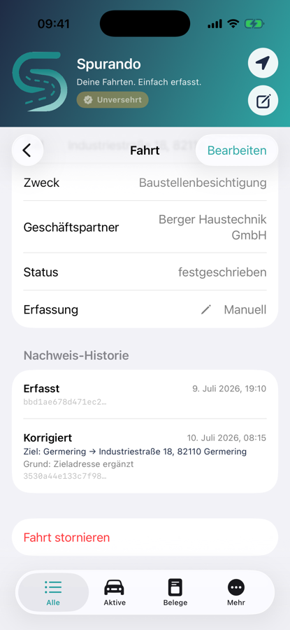 Spurando — Nachweis-Historie einer Fahrt