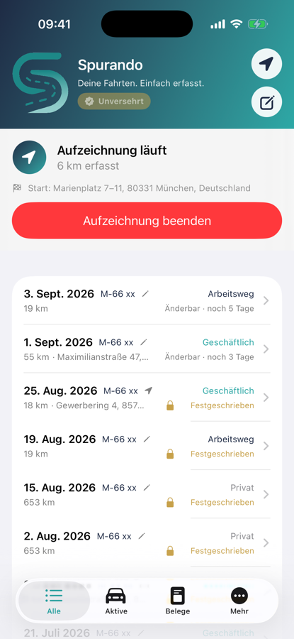 Spurando — GPS-Aufzeichnung läuft