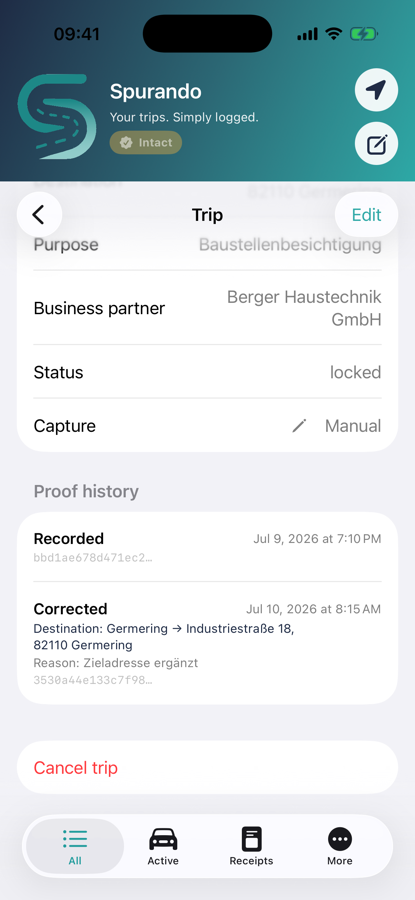 Spurando — proof history of a trip